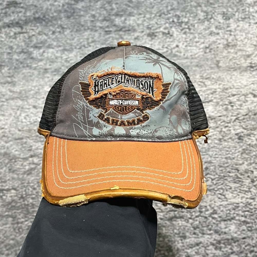Harley Davidson Bahamas Trucker Hat Snapback Distressed Embroidered Grunge Y2K